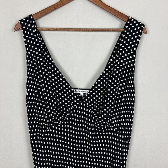 Reformation Beauden Midi Dress Womens 1X Black Polka Caviar Dot Ruched Crepe NEW - Picture 4 of 16